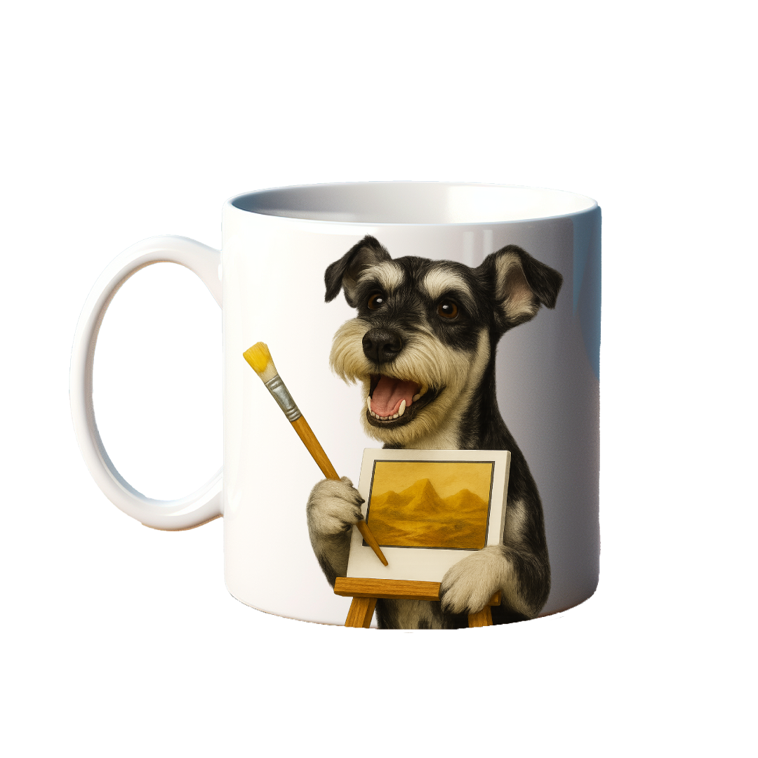 En hund som maler et bilde på en kaffekopp